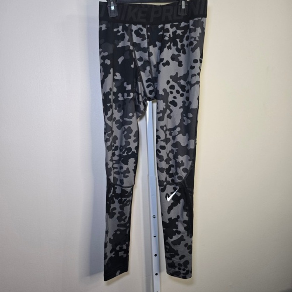 Nike Pro Womens Camo Compression Leggings Grey Black Mesh Training Tights Size M